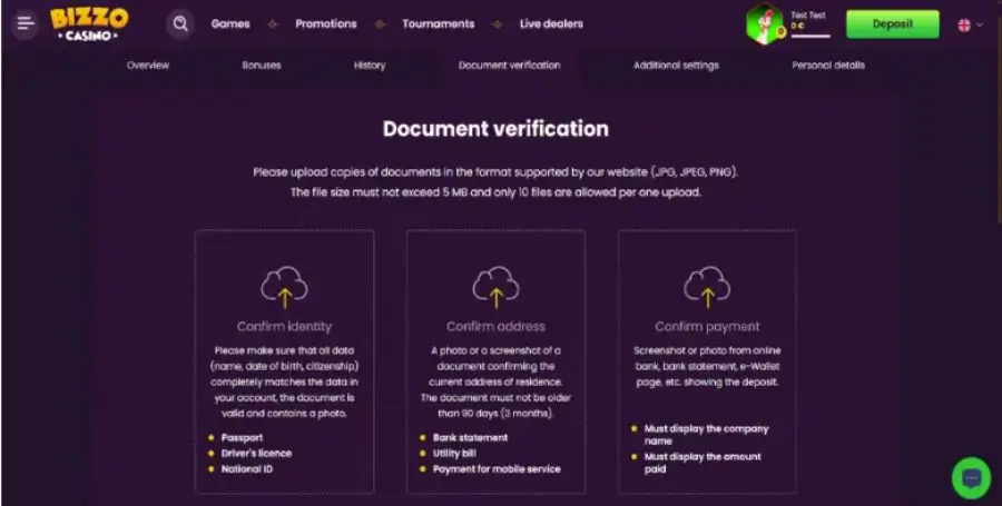 KYC postopek v Bizzo Casino
