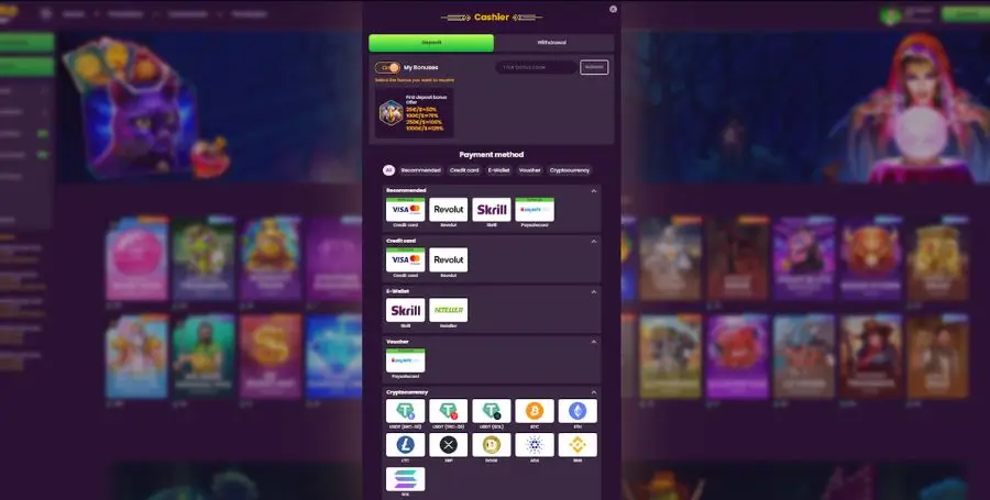 Načini vplačila v Bizzo Casino