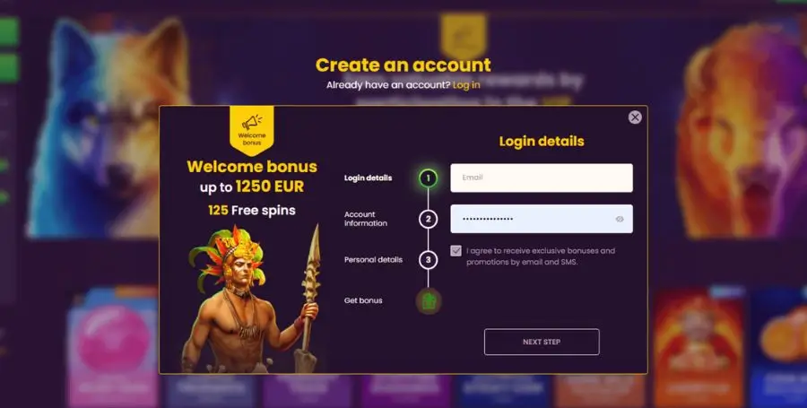 Obrazec za registracijo v Bizzo Casino