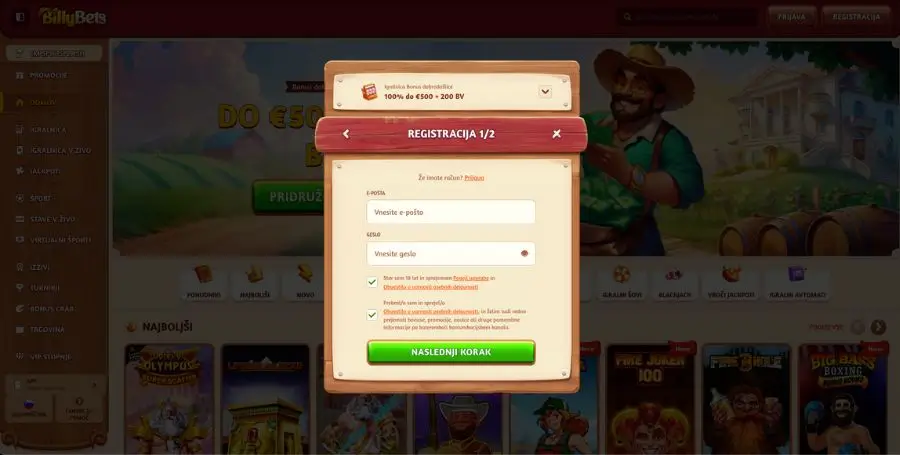 Postopek registracije v BillyBets