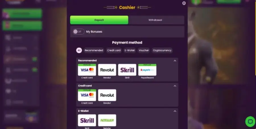 Postopek vplačila v Bizzo Casino