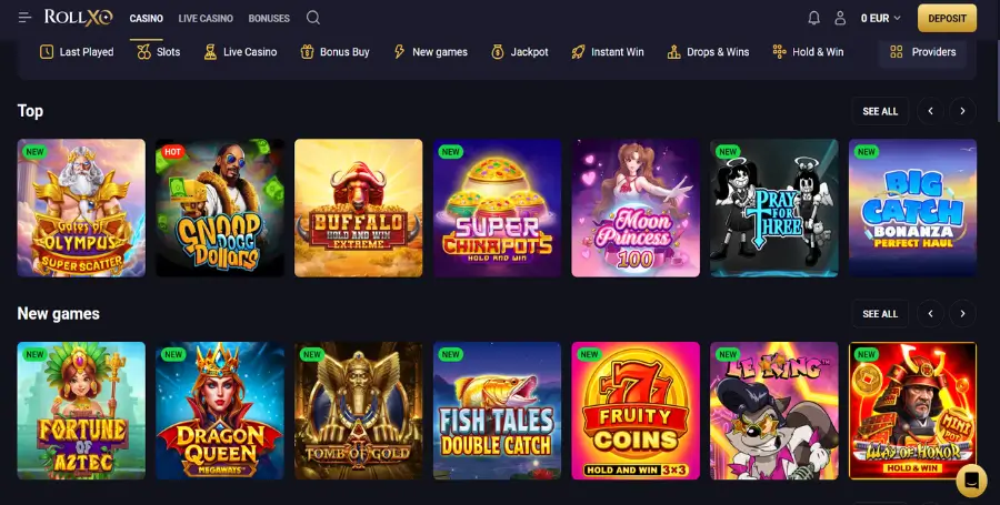Prikaz Domače Strani v RollXO Casino