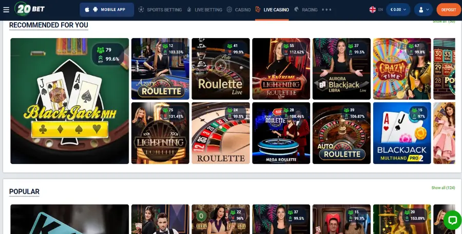 Prikaz Iger v Živo v 20Bet Casino