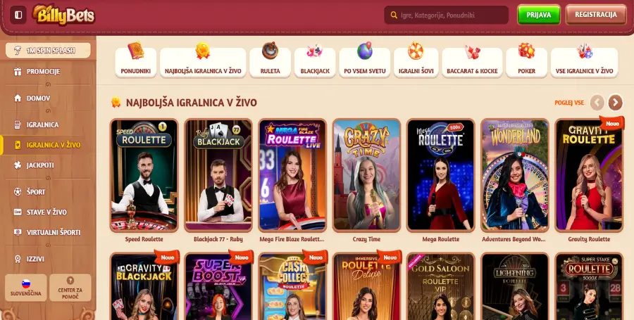 Prikaz Iger v Živo v BillyBets Casino