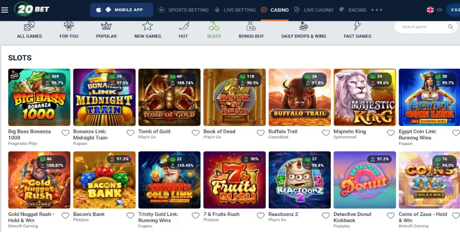 Prikaz Igralnih Avtomatov v 20Bet Casino