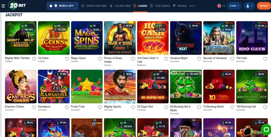 Prikaz Jackpot Iger v 20Bet Casino