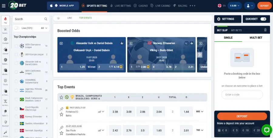 Prikaz Športne Stavnice v 20Bet Casino