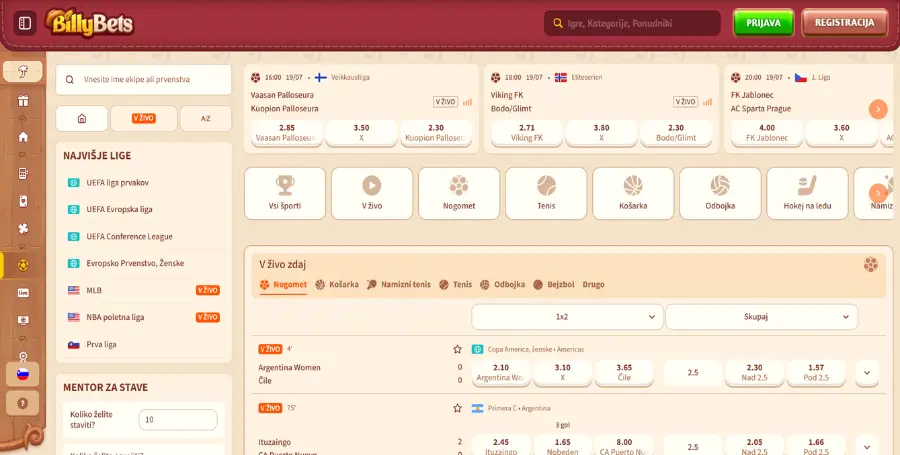 Prikaz Športne Stavnice v BillyBets Casino