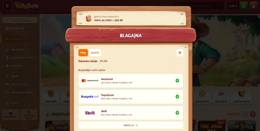 Prvo Vplačilo v BillyBets Casino