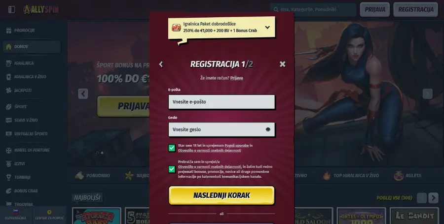 Registracija v AllySpin Casino
