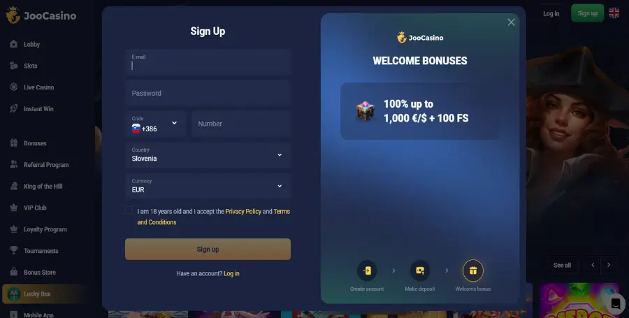 Registracija v Joo Casino