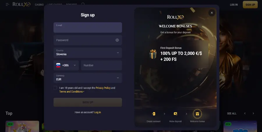 Registracija v RollXO Casino
