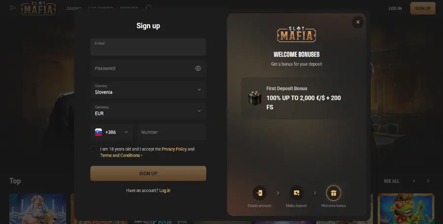Registracija v Slotmafia Casino