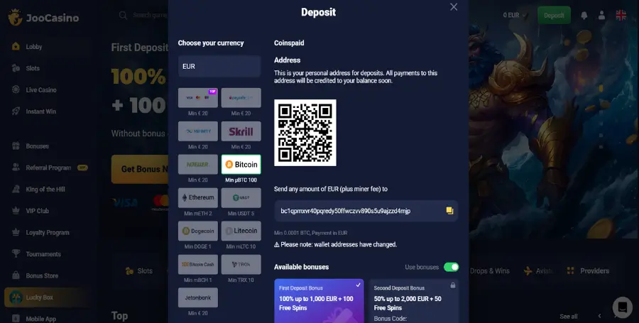 Vplačilo z Bitcoin-i v Joo Casino