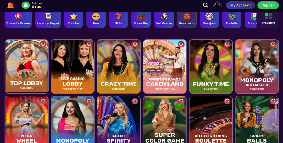 Prikaz Iger v Živo v Spinando Casino