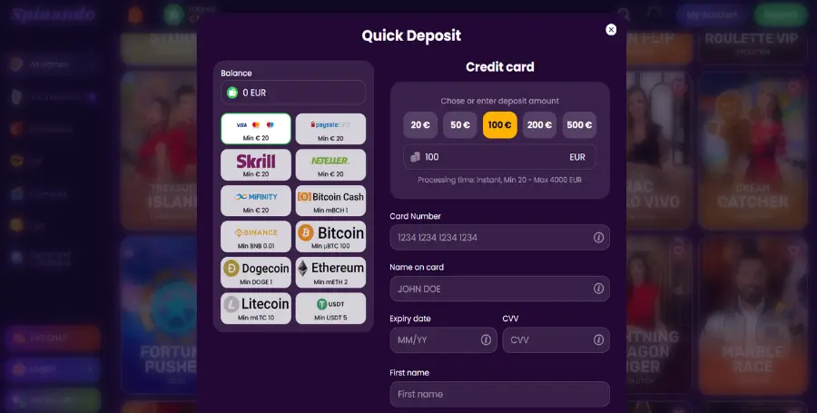 Prvo Vplačilo v Spinando Casino