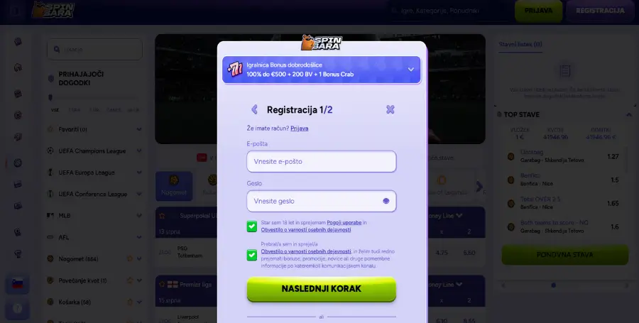 Registracija v Spinbara Casino