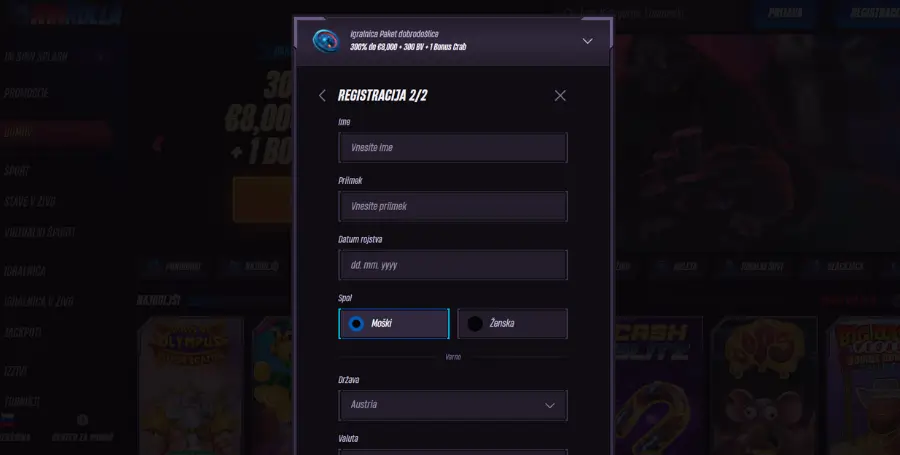 Registracija v Winrolla Casino