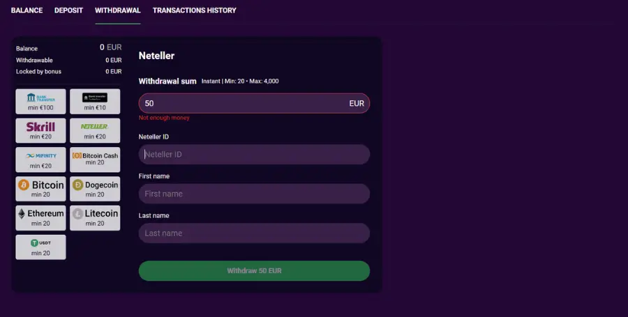 Izplačilo z uporabo e-denarnice Neteller v Spinando Casino