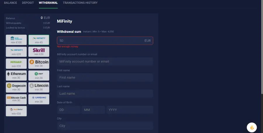 Postopek izplačila dobitkov z MiFinity v Joo Casino