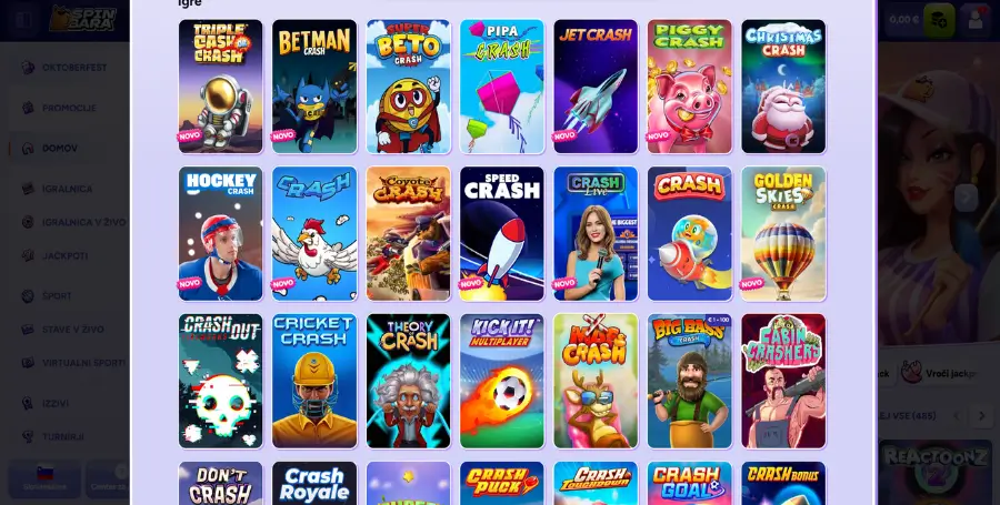 Prikaz Crash Iger v Spletnem Kazinoju Spinbara