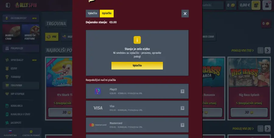 Prikaz Izplačila Dobitkov v Spletnem Kazinoju AllySpin