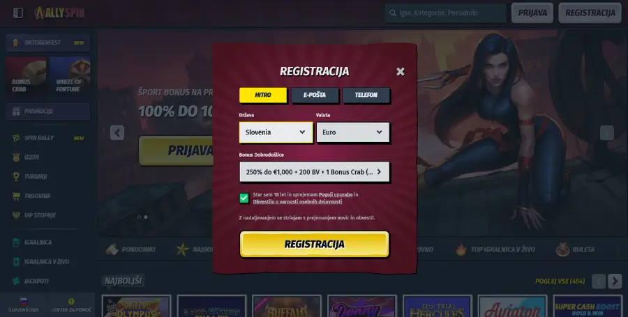 Prikaz Registracije v Spletnem Kazinoju AllySpin