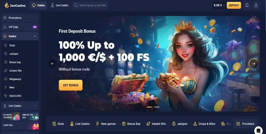 Prikaz domače strani spletne igralnice Joo Casino