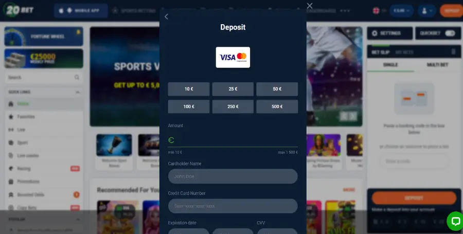 Prikaz prvega vplačila v igralnici 20bet Casino