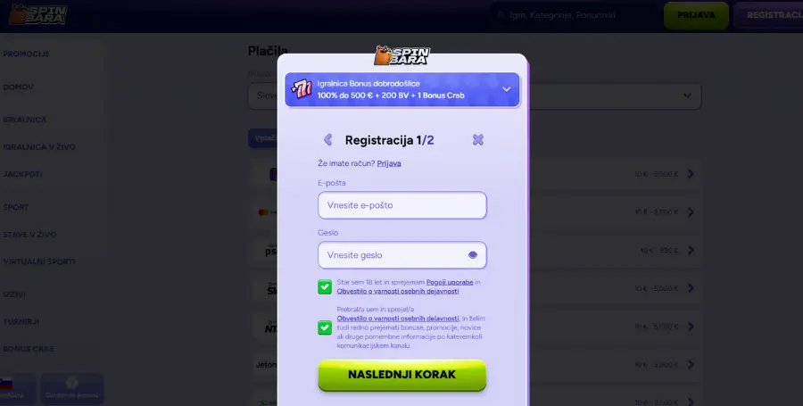 Registracija v Spinbara Casino