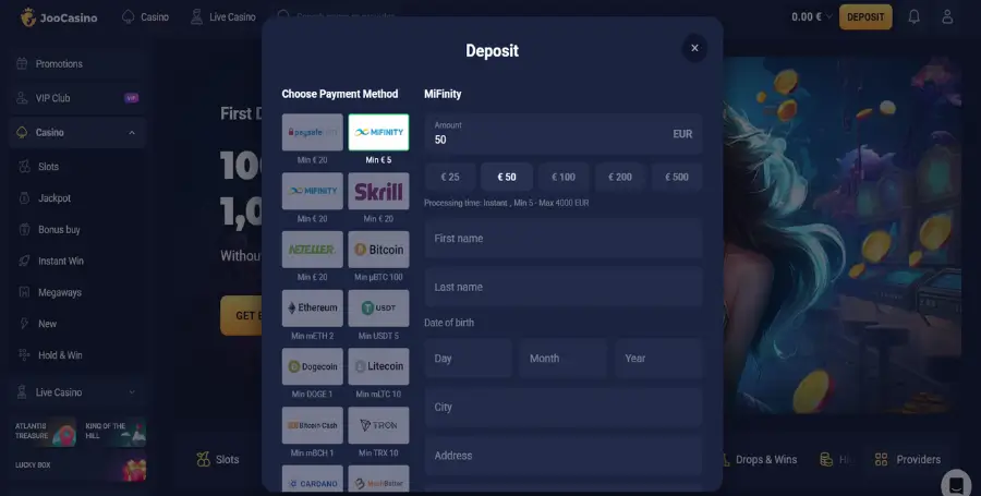 Vplačilo z MiFinity v Joo Casino