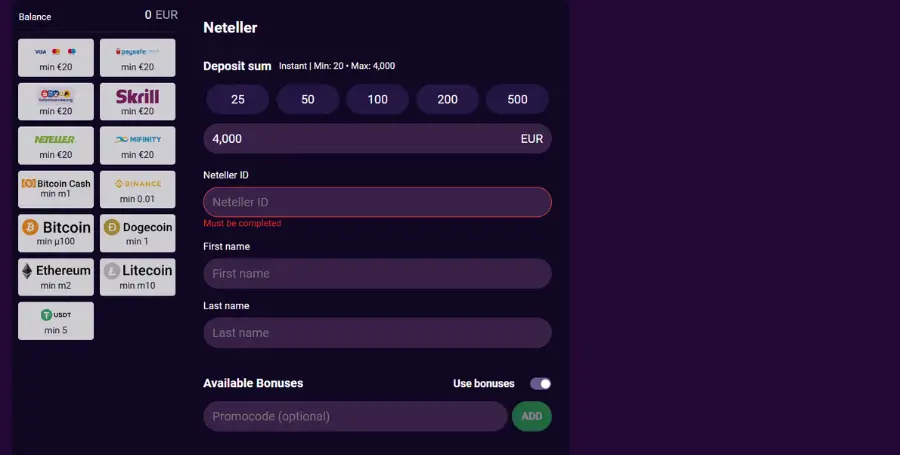 Vplačilo z e-denarnico Neteller v Spinando Casino