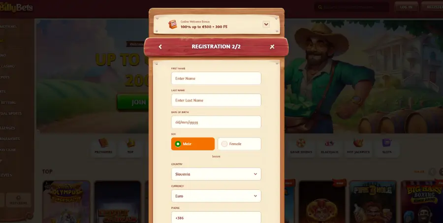 Prikaz Registracije v Spletnem Kazinoju BillyBets