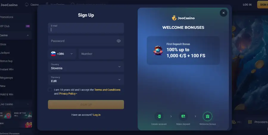 Prikaz Registracije v Spletnem Kazinoju Joo Casino