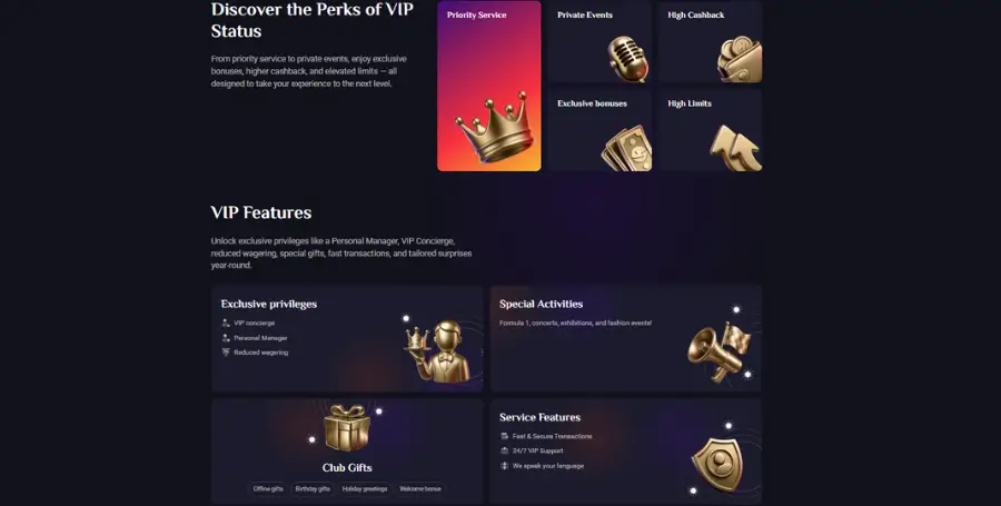 Prikaz VIP Ugodnosti v Igralnici RollXO Casino