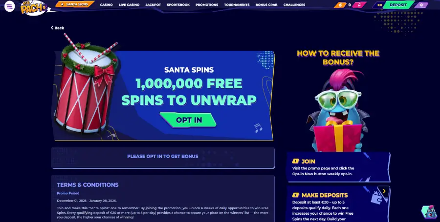 Prikaz Santa Spins Božične Promocije v Igralnici MrPacho Casino