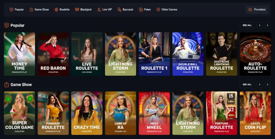 Prikaz Iger v Živo v Slotlords Casino