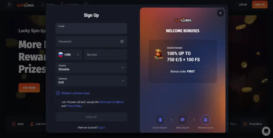 Registracija v Slotlords Casino