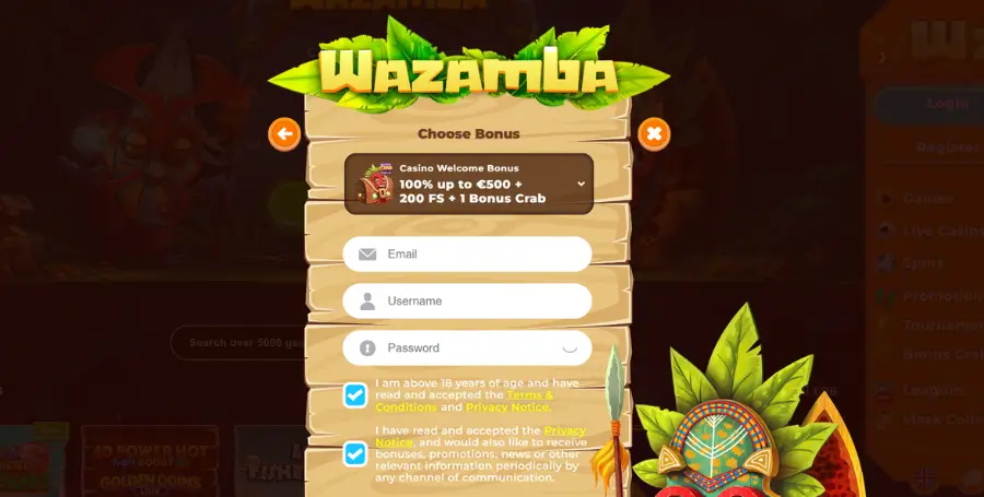 Registracija v Wazamba Casino