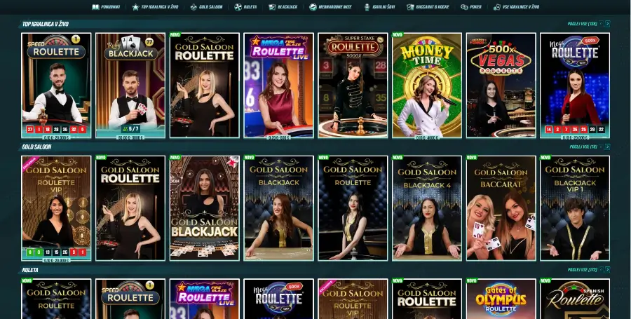 V igralnici smo naleteli na 600+ naslovov v živo, ki jih vodijo profesionalni gostitelji. Sem sodijo ruleta, bakarat, blackjack, in številni igralni šovi