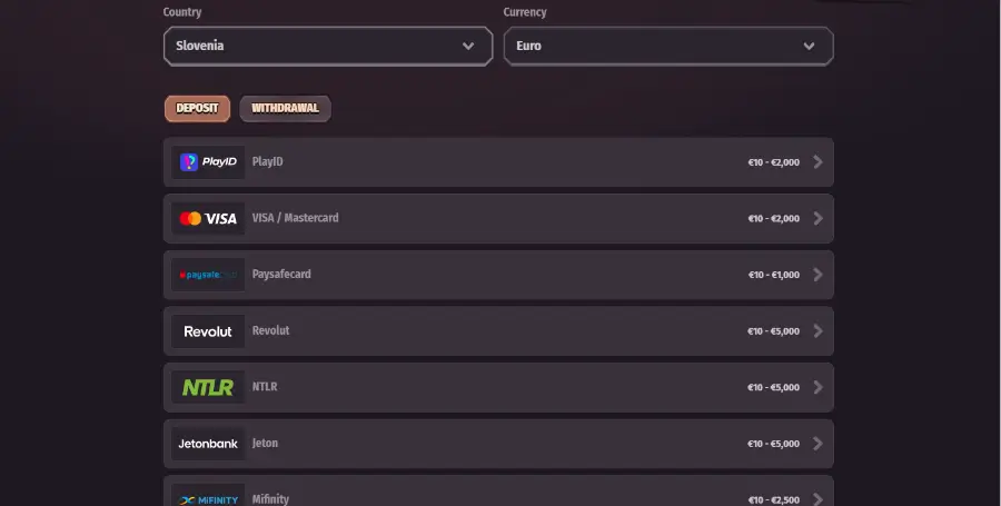 V Dragonia casino online je za plačila na voljo 19 metod. Priporočamo, da izbereš tisto, ki bo uporabljena tudi za dvige morebitnih dobitkov