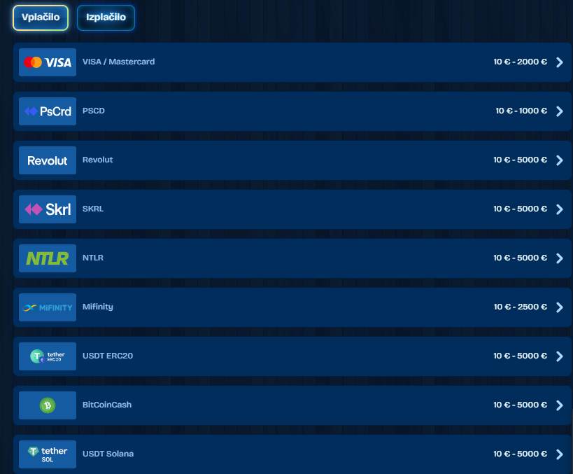 Za vplačila lahko tu uporabimo številne metode, kot so kreditne kartice, Paysafecard, e-denarnice, in kripto valute za bolj anonimne transakcije