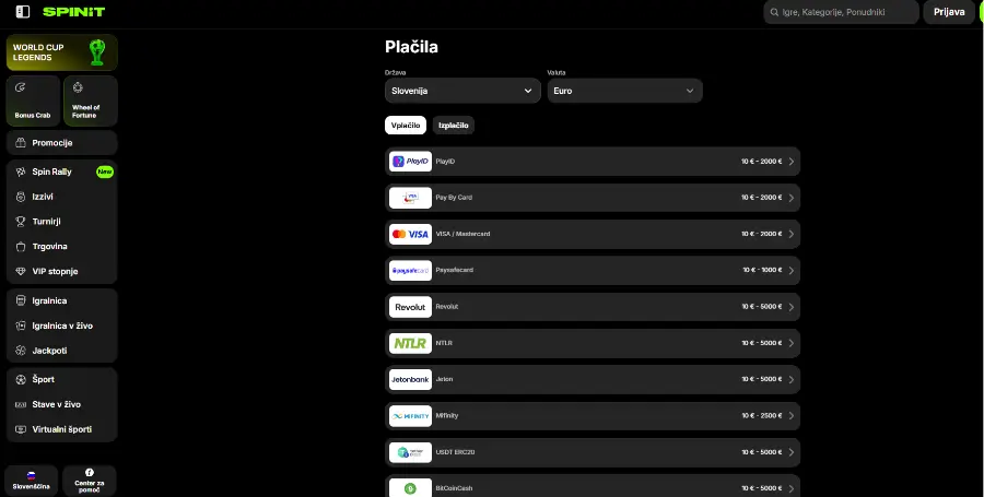 Prikaz Plačilnih Metod v Spinit Casino