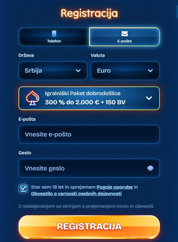 Registracija od tebe zahteva le nekaj osnovnih podatkov, kot so ime, datum rojstva, in telefonska številka
