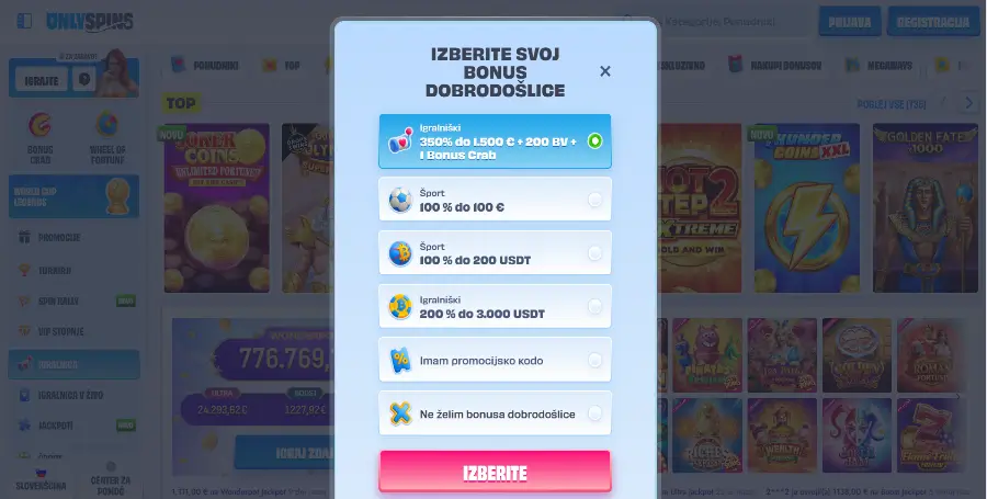 Registracija v Onlyspins Casino