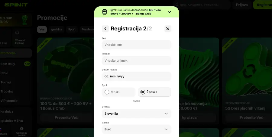 Registracija v Spinit Casino