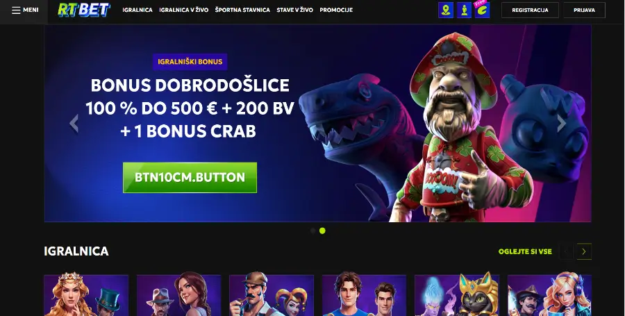 Prikaz Domače Strani v RTbet Casino