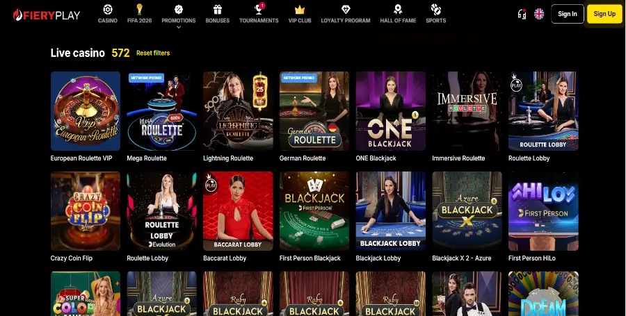Prikaz Iger v Živo v FieryPlay Casino
