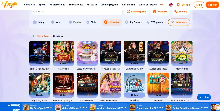 Prikaz Iger v Živo v V Vegas Casino