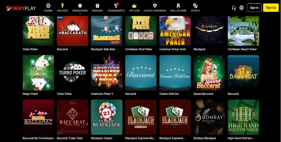 Prikaz Namiznih Iger v FieryPlay Casino